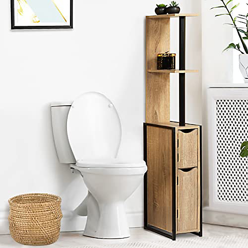 Colonne Meuble Wc Salle de Bain 2 Portes Bois Design Industriel Marron 3 Etagères Toilettes