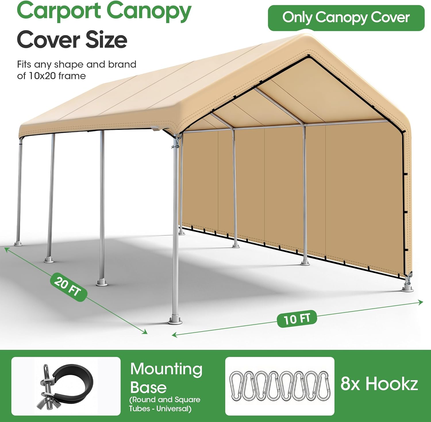 SIHAIAN 10 x 20 Ft Carport Replacement Canopy Cover with Sidewall(No Frame) Easy to Set up Carport Canopy, 500D Heavy-Duty Garage Top Tent Tarp Waterproof and UV Protected (Only Canopy Cover) Beige