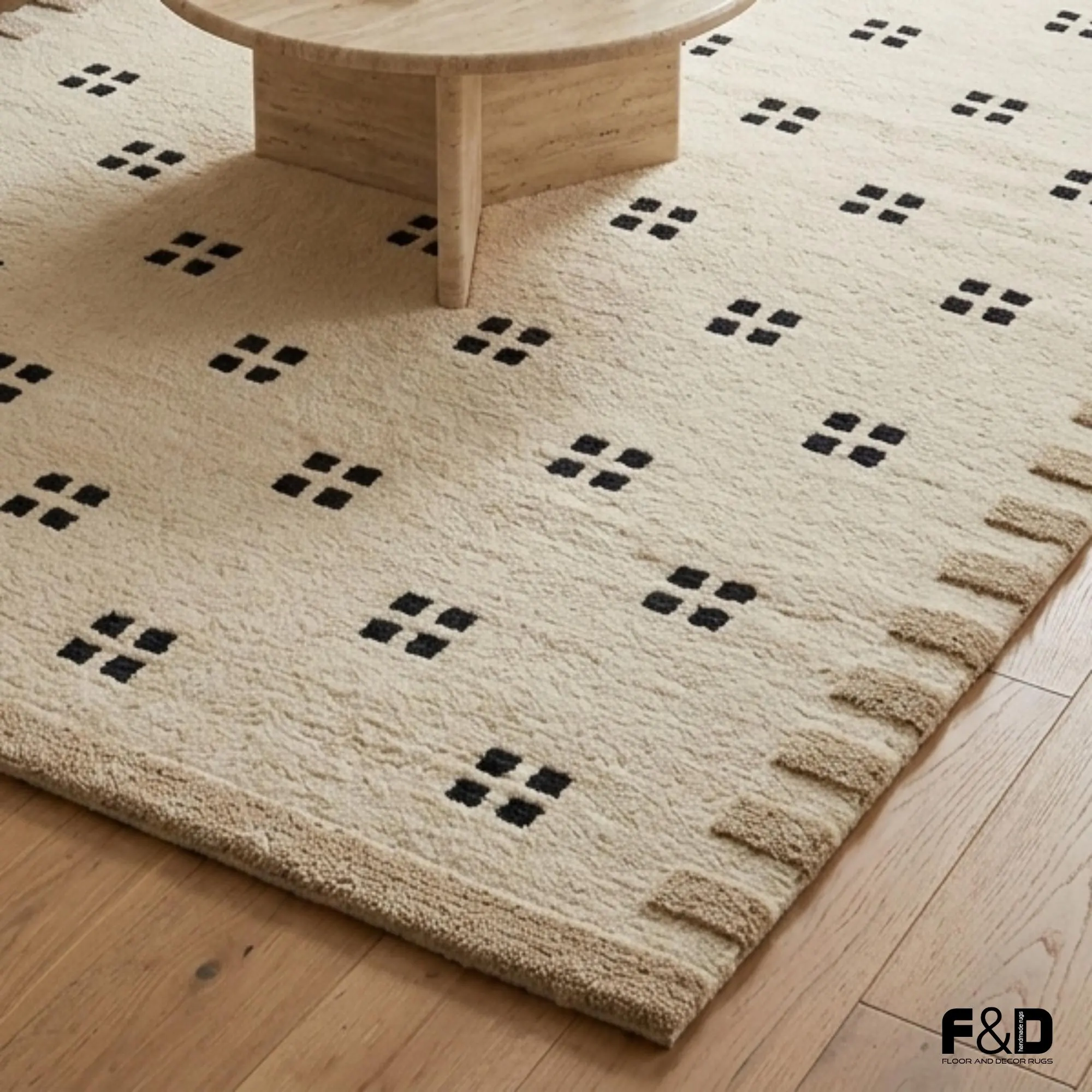Handmade Moroccan Style Wool Rug | Cream and Black Geometric Area Rug | Plush Boho Berber Carpet for Living Room | Minimalist Custom Size Ru