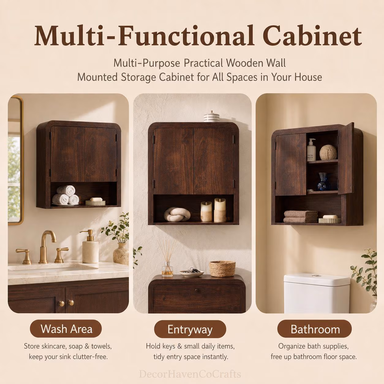 Dark Brown Wooden Wall Cabinet, Bathroom Organizer, Adjustable Shelf Storage