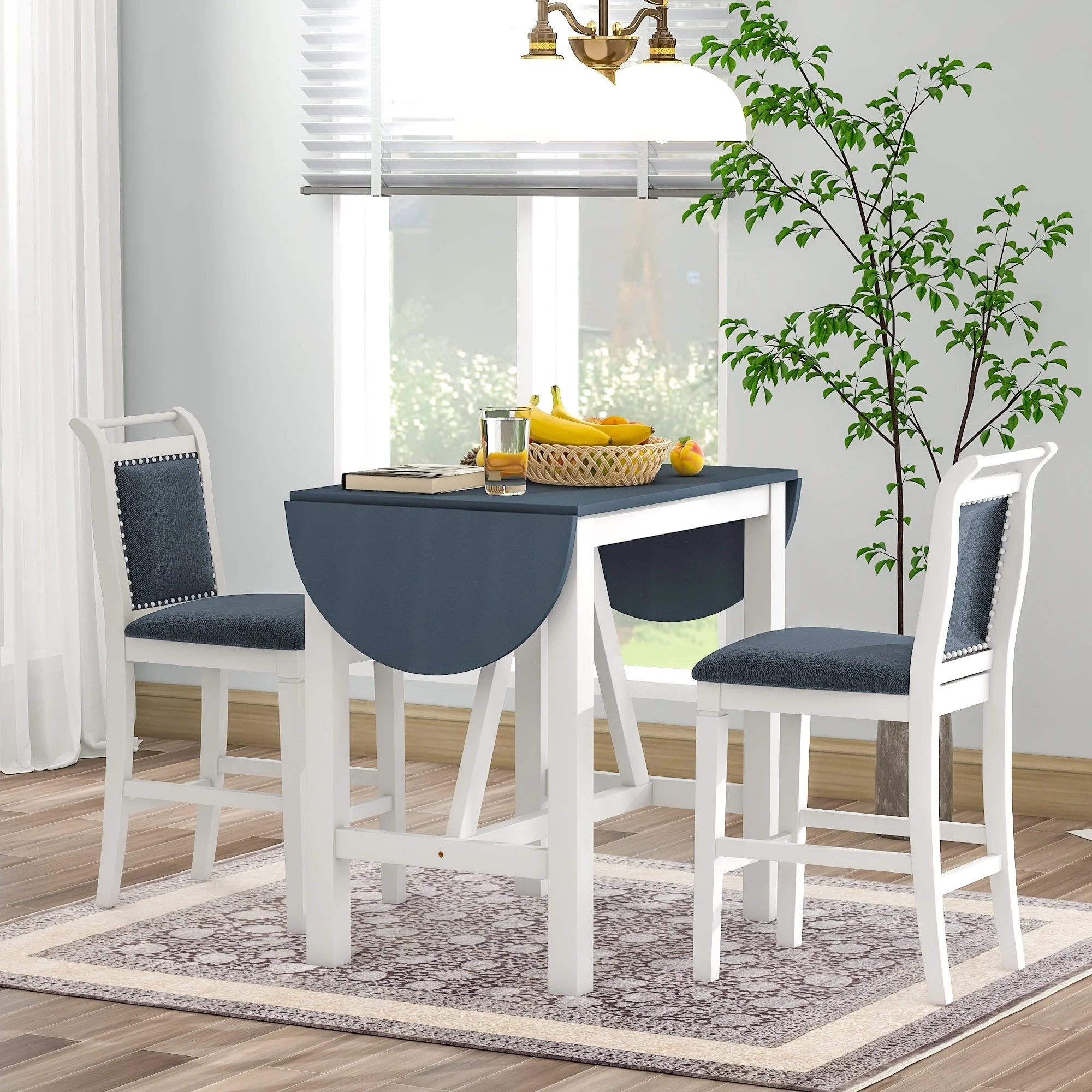 Rustic Style Wooden 3-Piece Dining Table Set with Drop Leaf and 2 Upholstered Dining Chairs