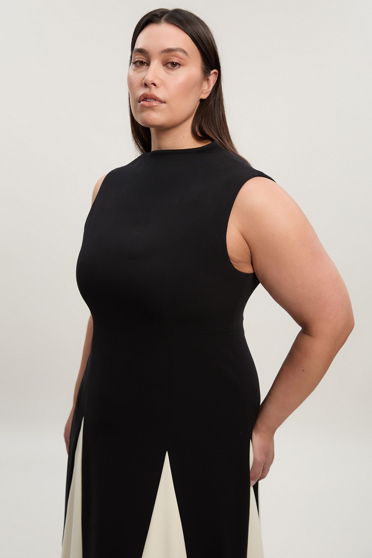 KarenMillen Plus Size Compact Stretch Tailored Colour Block Full Skirted Midi Dress