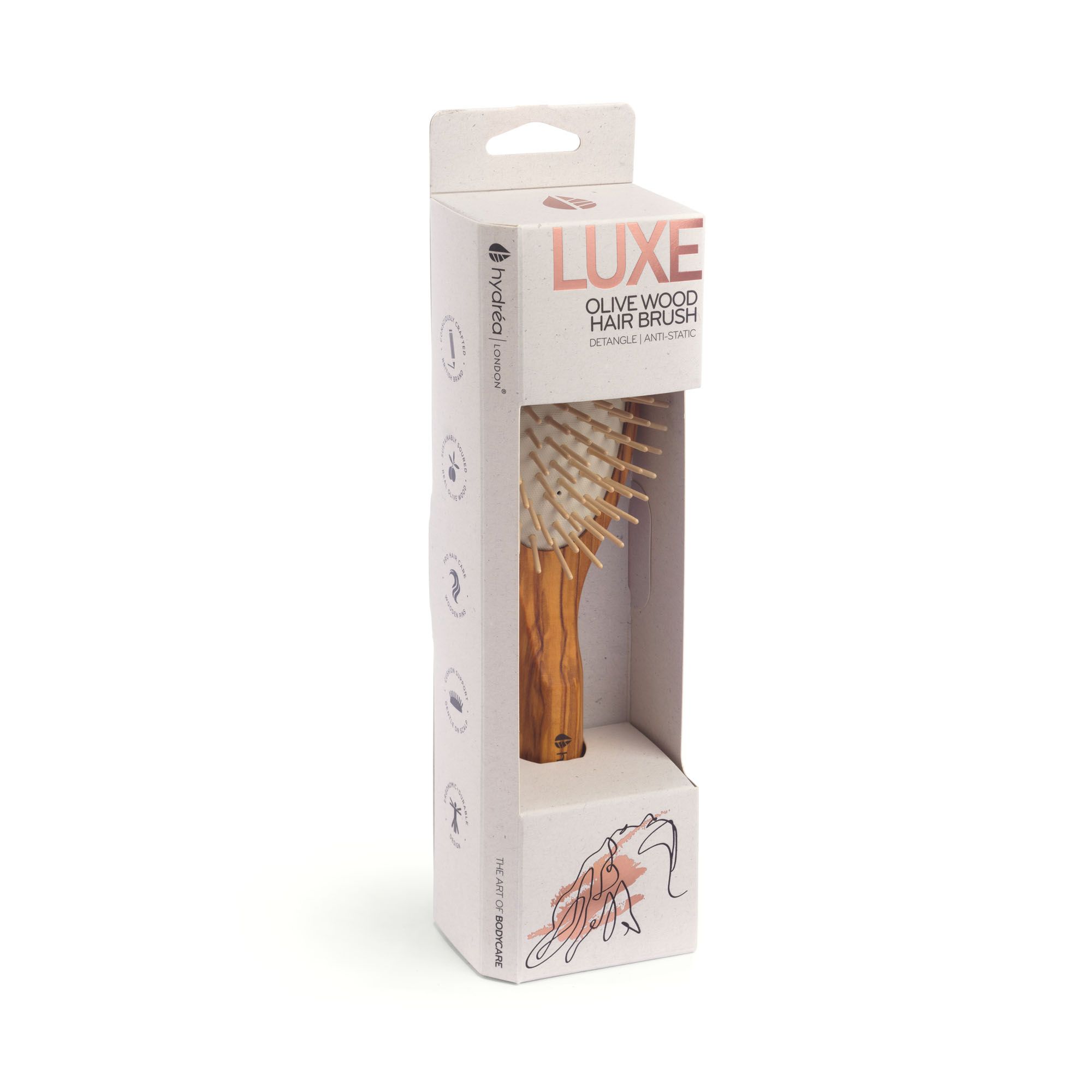 Hydrea London Luxe Olive Wood Hair Brush with Anti-static Olive Wood Pins and Rubber Cushion for Smooth Detangle