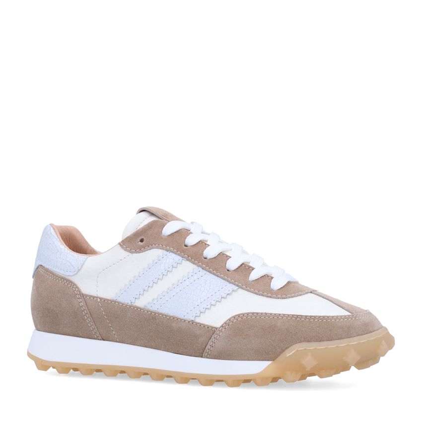 Manfield Witte leren sneakers met beige suède details