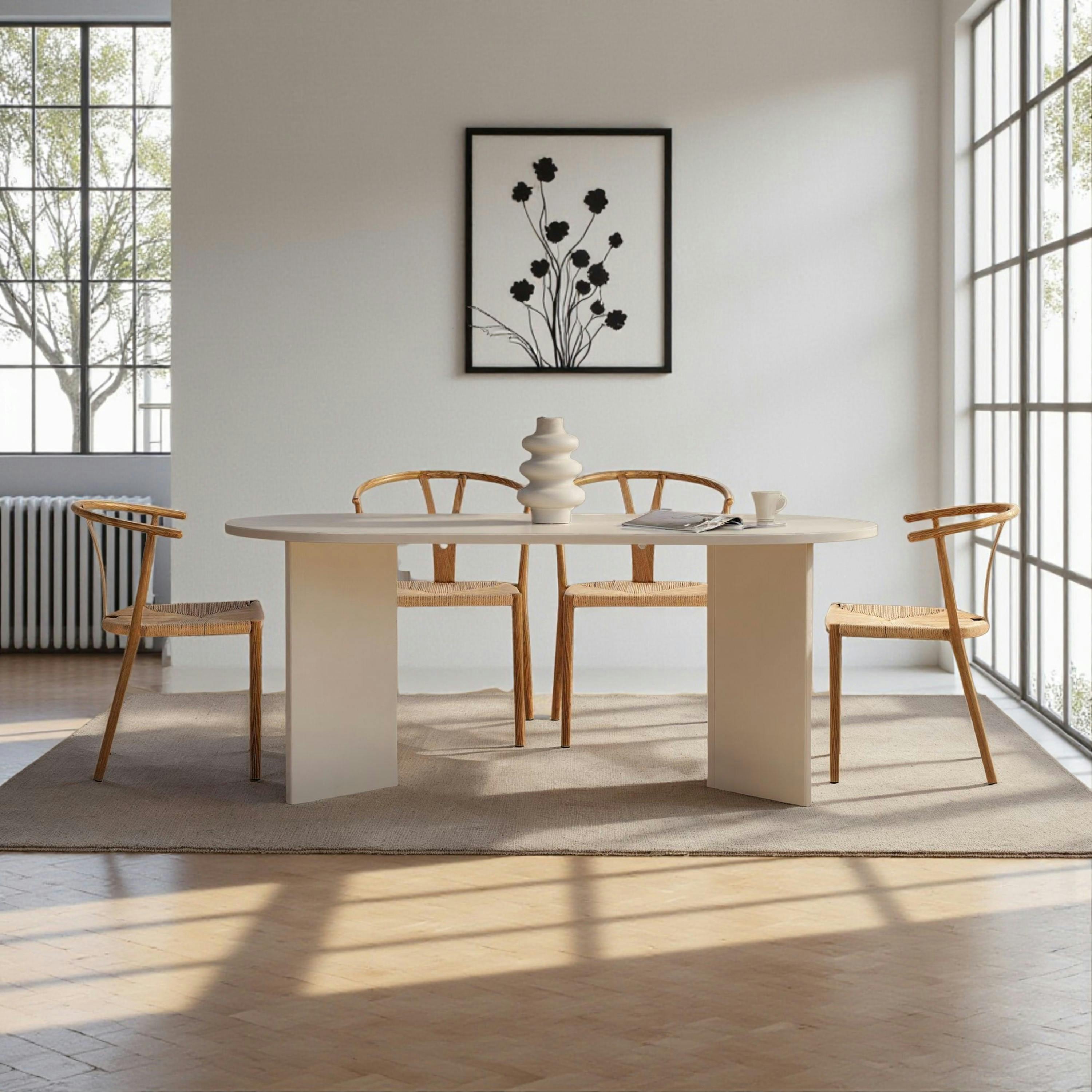 Table à manger moderne blanche effet bois pieds en V 180 cm MARFA