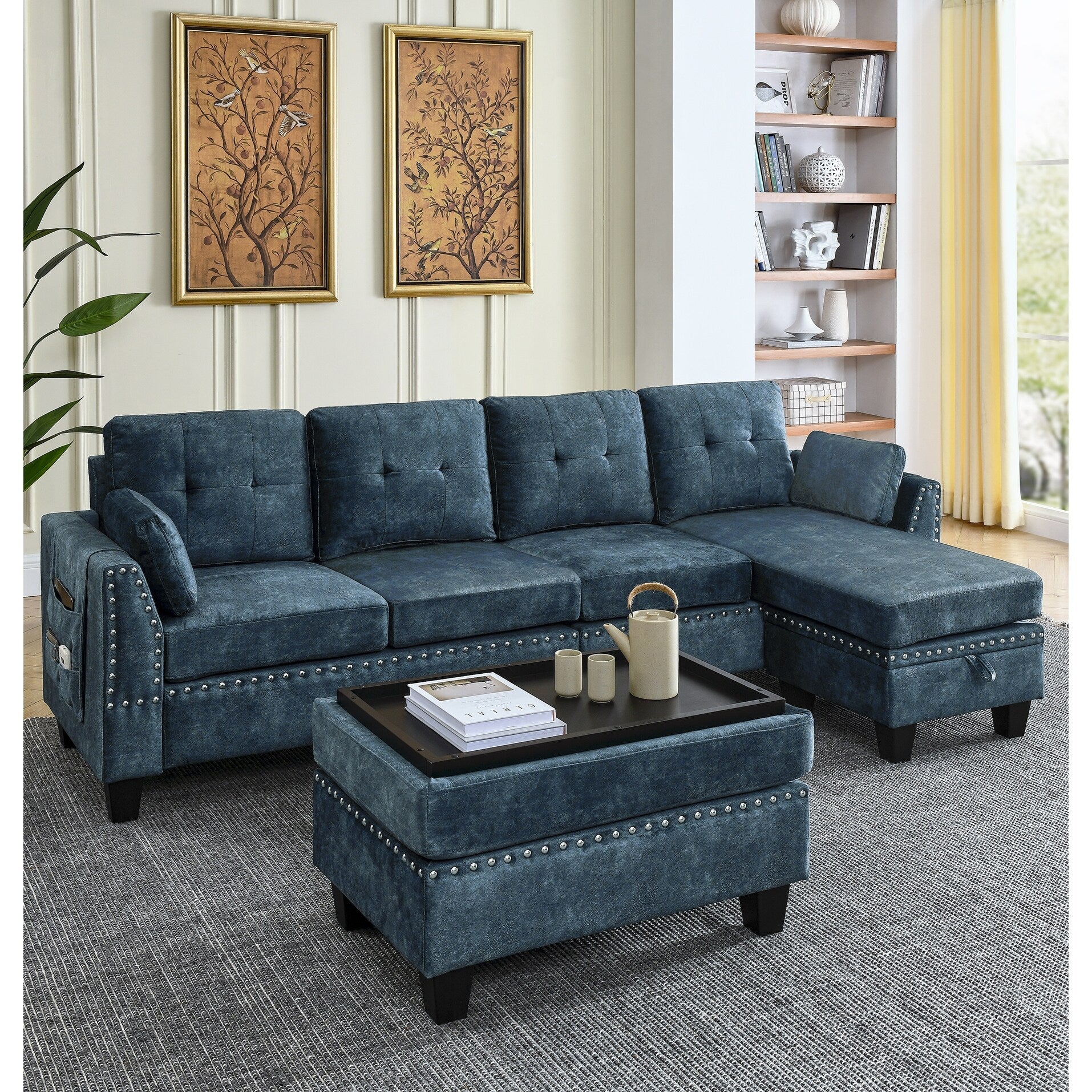101.5'' Versatile 5-Seat Sectional Sofa Couch with Dual-Sided Storage, Velvet Upholstery, Non-Slip Legs, and Two Pillows