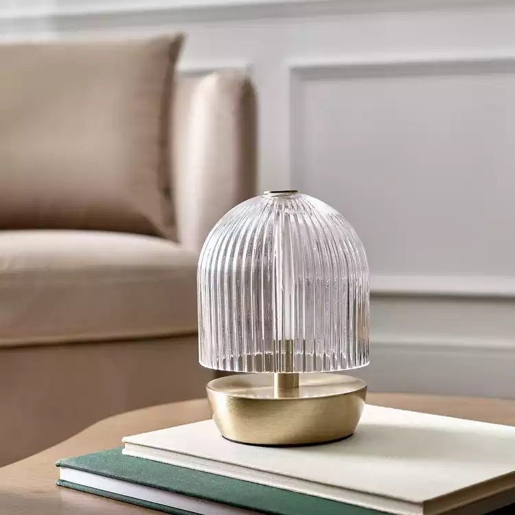 Habitat Ribbed Glass Portable Table Lamp - Brushed Brass
