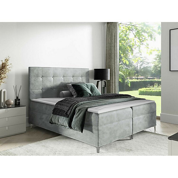 Lit continental Baltimore 185, Double, Gris, Tissu, Disponible