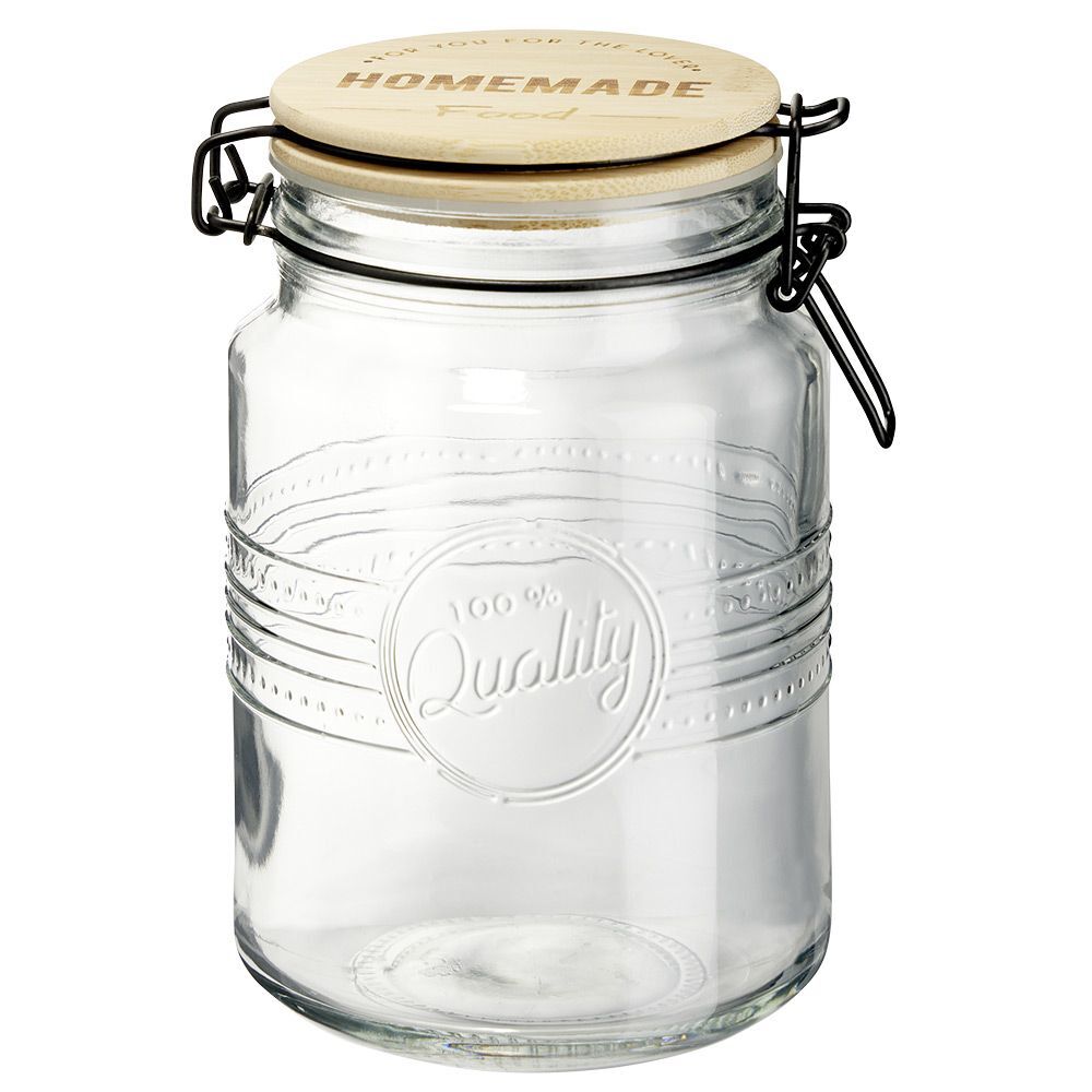 Bocal hermétique rond transparent avec couvercle en bambou H16,5 cm