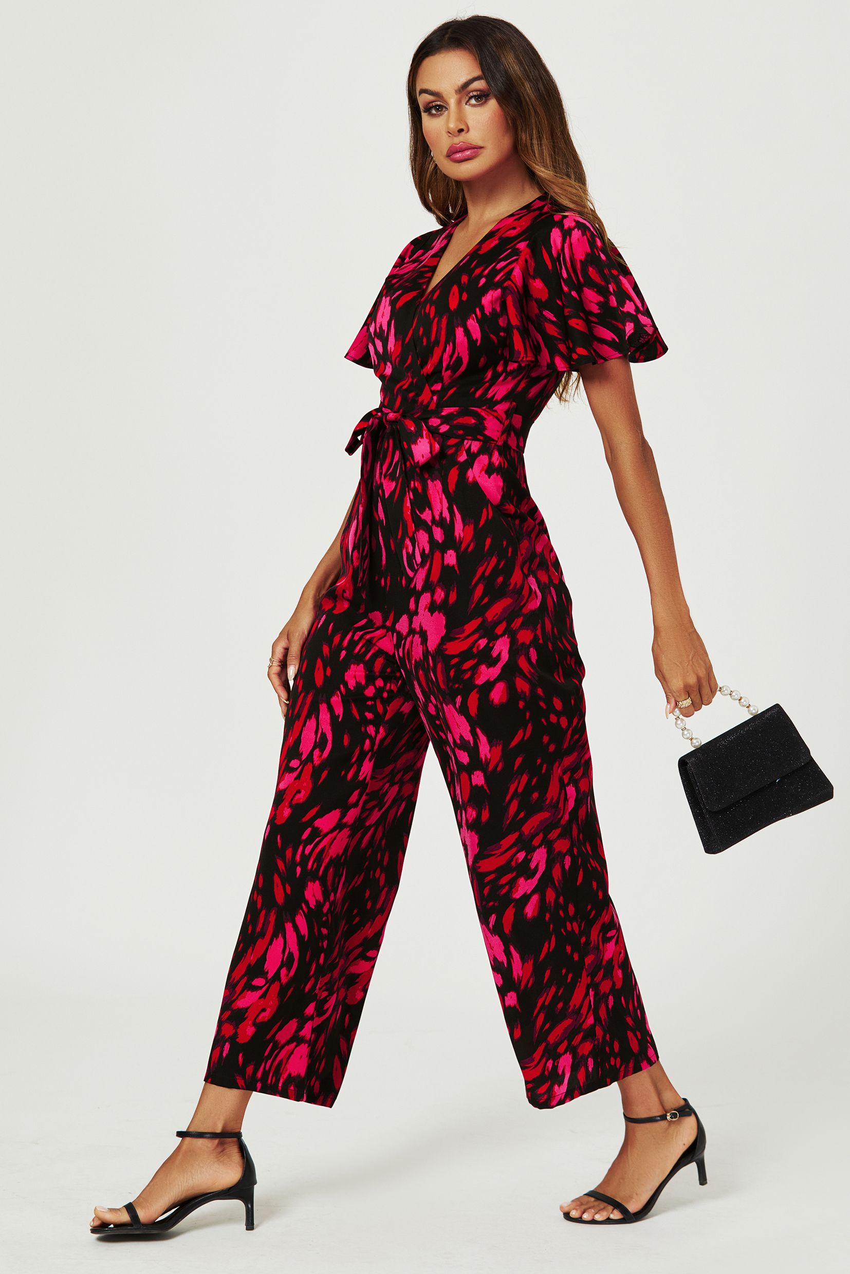FS Collection Pink Abstract Print Wrap Top Jumpsuit In Black
