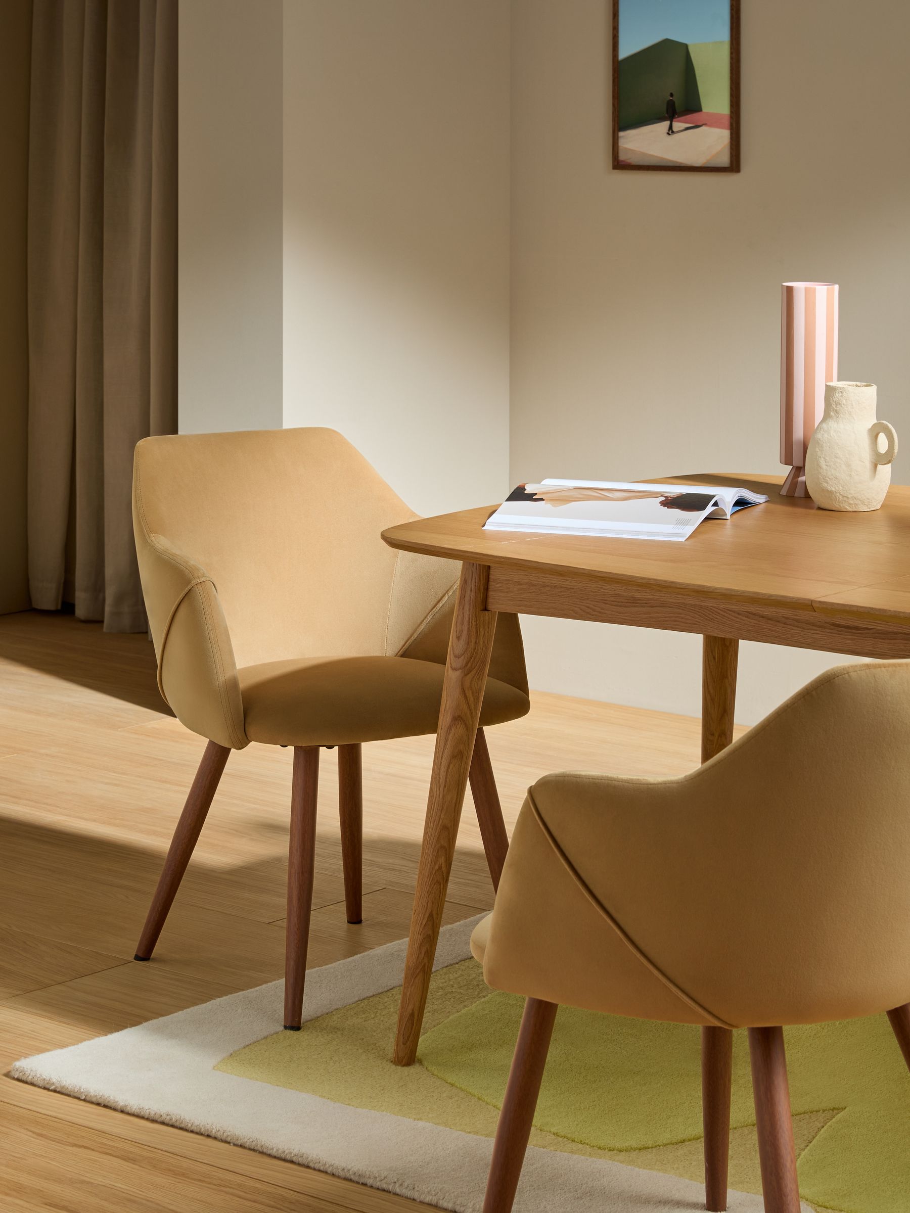 Set of 2 Lule Arm Dining Chairs in Soft Caramel Natural Velvet and Dark Legs