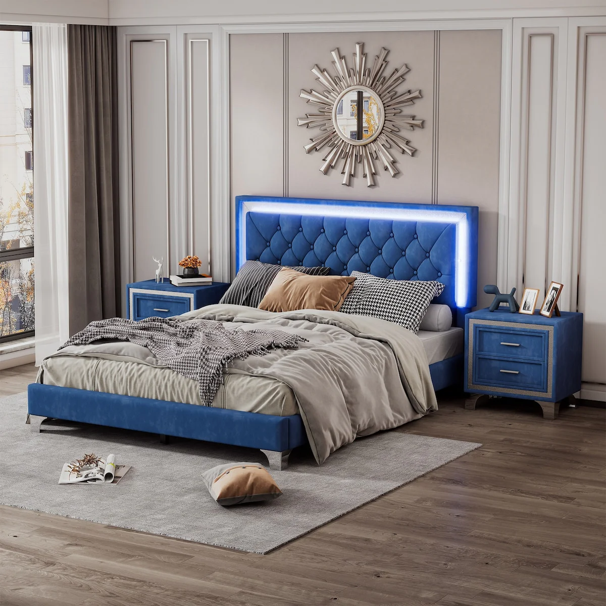 3-Pieces Bedroom Sets,Queen Size Upholstered Platform Bed with LED Lights and Two Nightstands