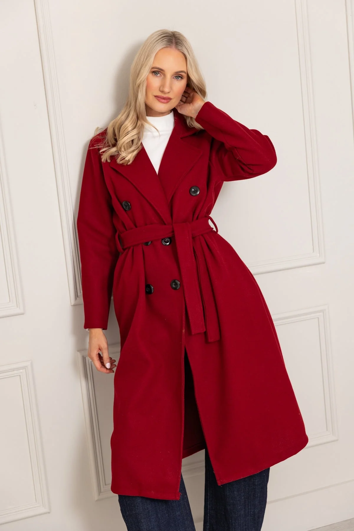 Burgundy Double Breasted Belted Coat