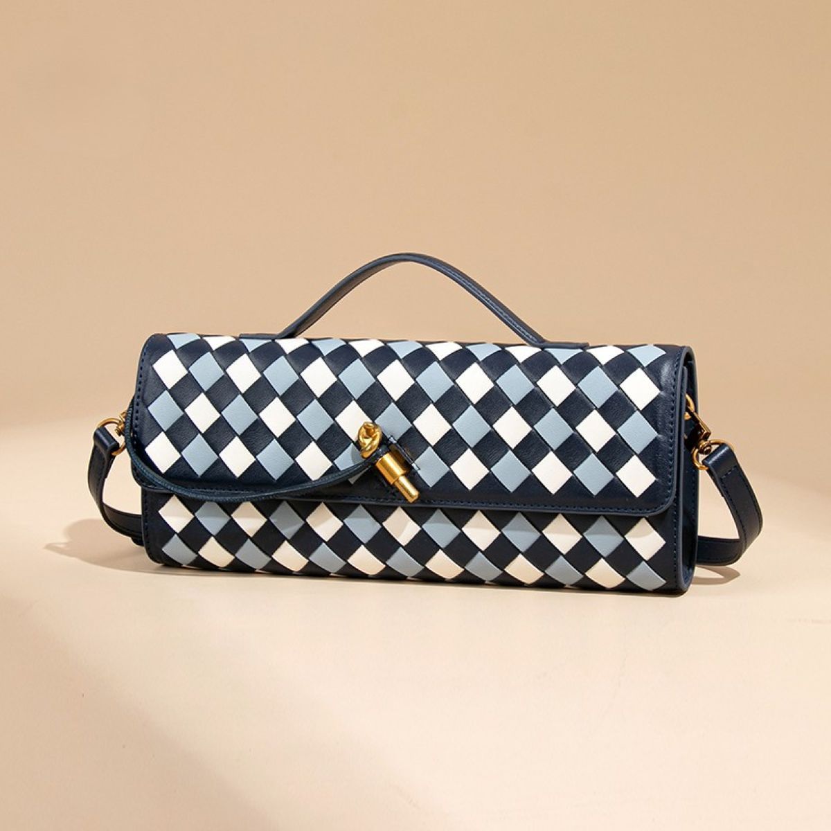 PEACH ACCESSORIES Bule and White Woven Check Bag with Long Strap