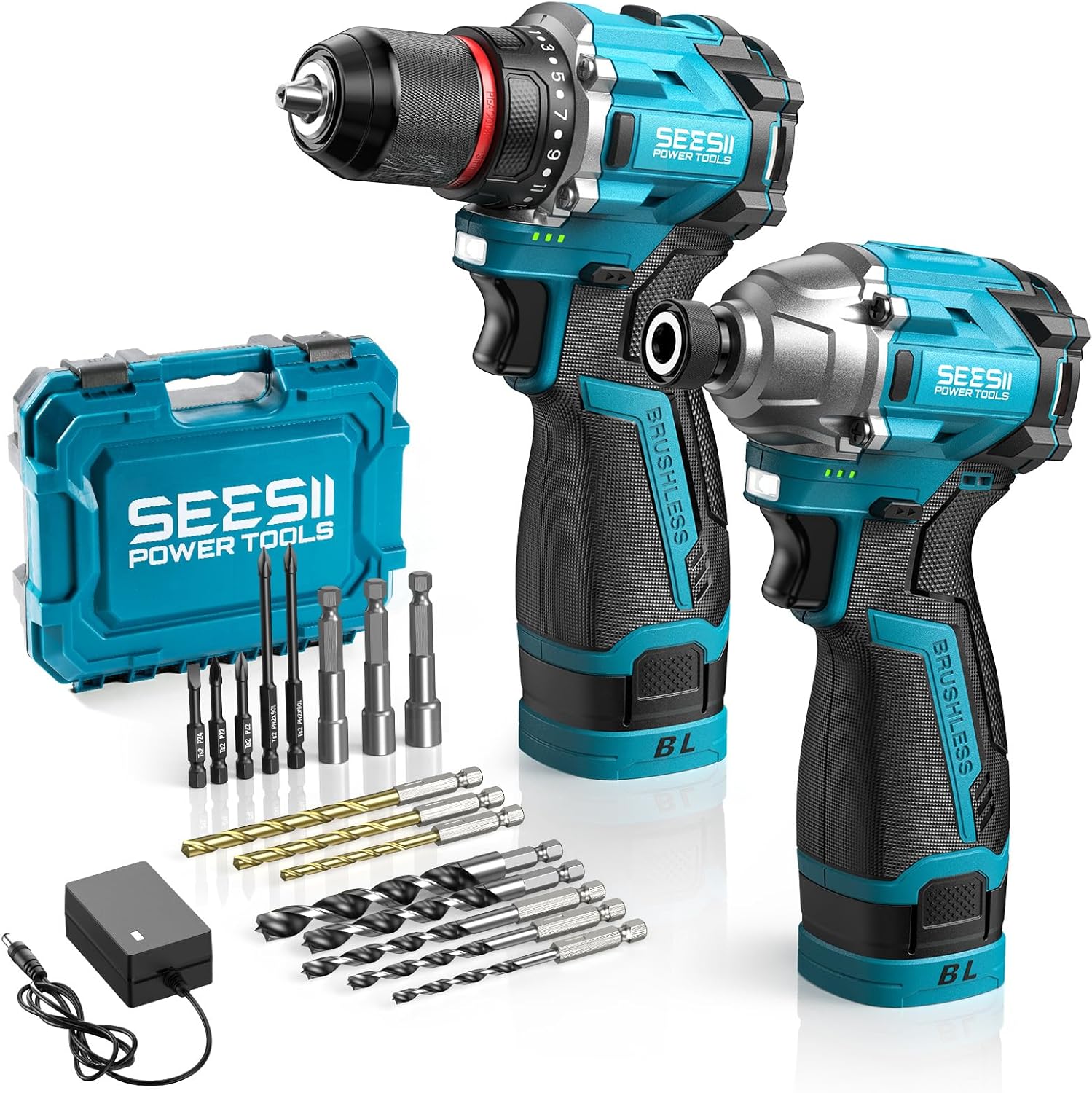 SEESII Cordless Drill Impact Driver 16.8V Brushless Power Tool Combo Kits 2x 2.0Ah Batteries w/Charger, 16-Pc Bits, Tool Bag, 3/8'' Drill & 1/4'' Impact Driver for Home DIY, Woodworking (Blue)