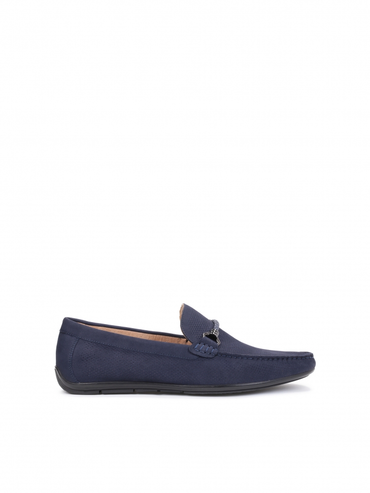 Men's stylish nubuck navy blue moccasins with an application