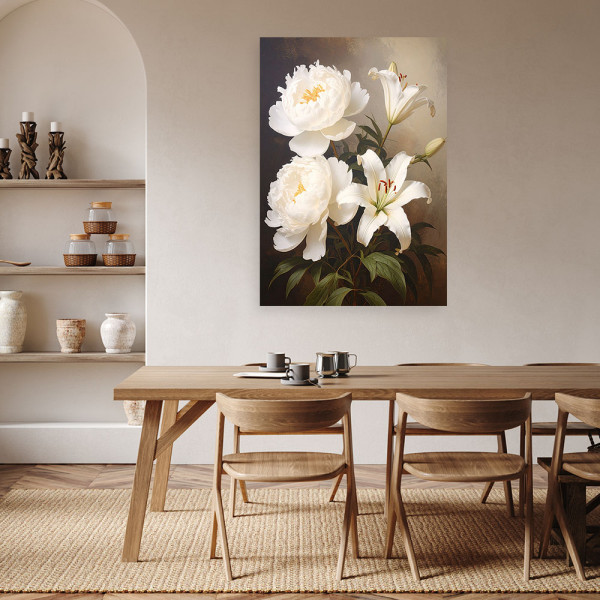 Obraz pionowy do salonu sypialni biura, Lilie i piwonie białe kwiaty 20x30