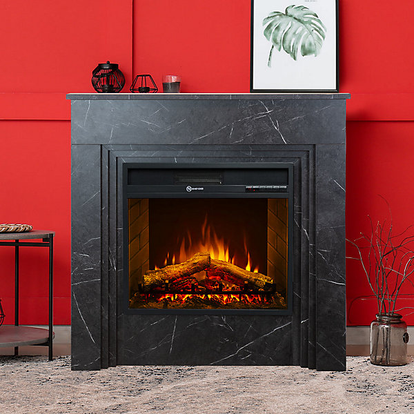 Cheminée électrique BELLINI, cheminée sur pied en bois effet marbre noir, fabriquée en Italie, L96xP35xH96