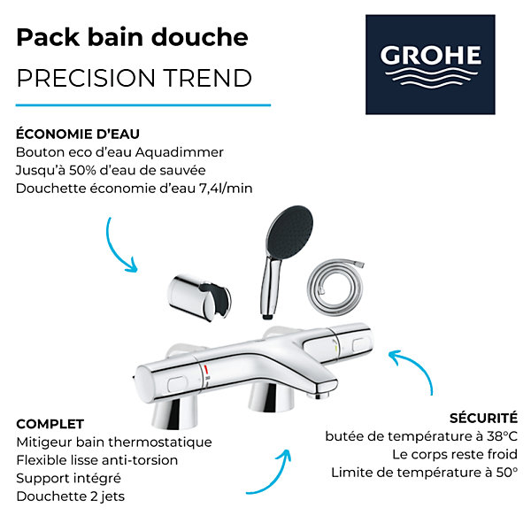 Pack mitigeur bain douche thermostatique GROHE Precision Trend   douchette ronde 2 jets   flexible   support