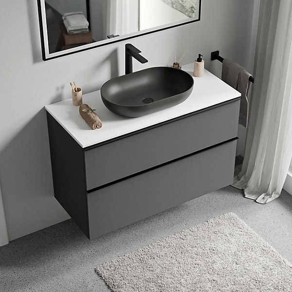 Meuble sous vasque suspendu MDF Anthracite mat, plan vasque Blanc mat, poignée Anthracite mat - 100x46x62cm - LAVOA