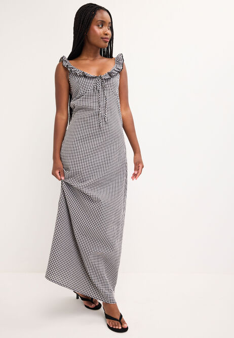Womens Black Gingham Frill Neck Midi Dress