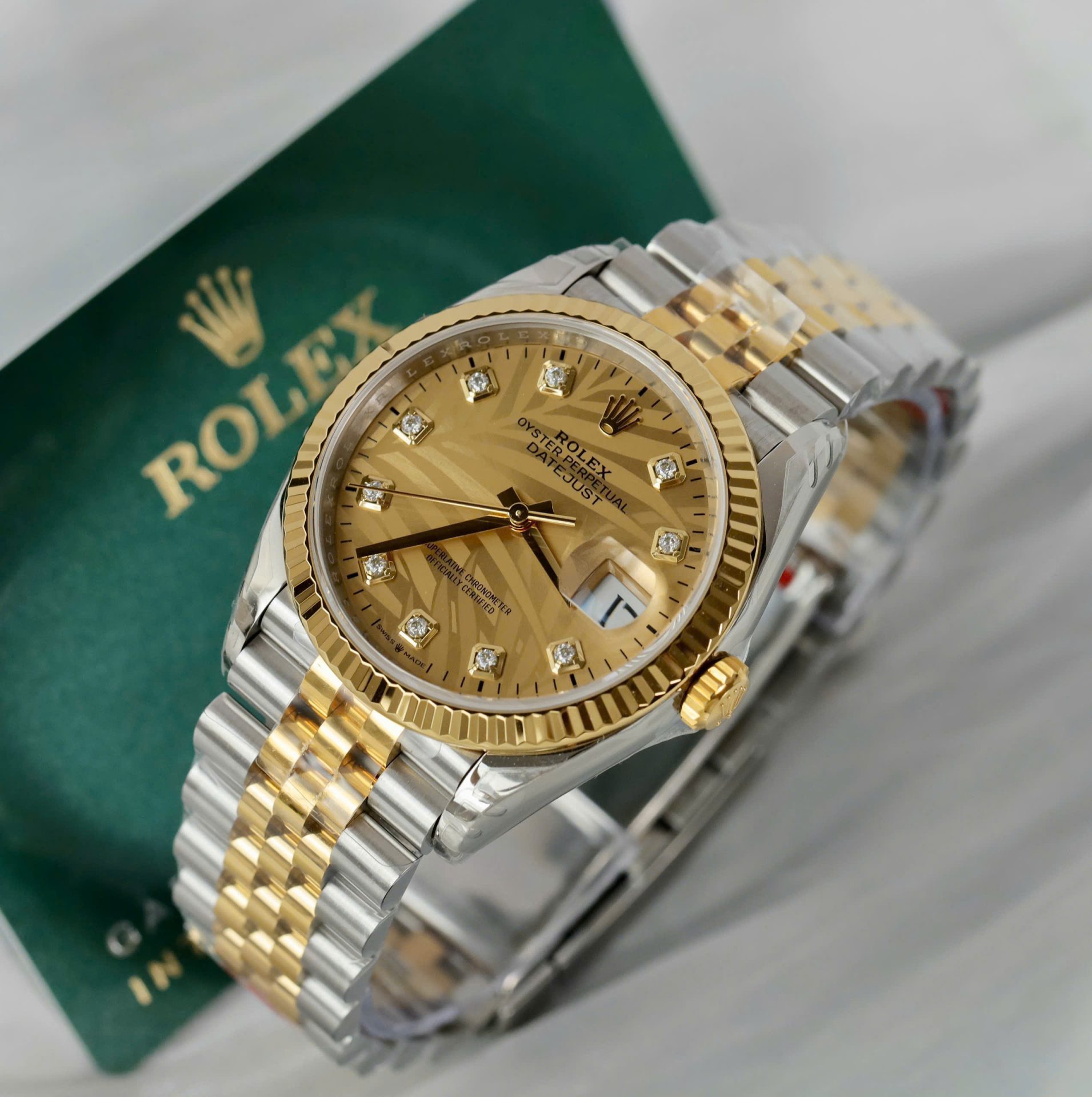 Rolex Datejust 126233 SS/YG Plated Gold Palm Dial CZ Diamonds 36mm Jub Super Clone