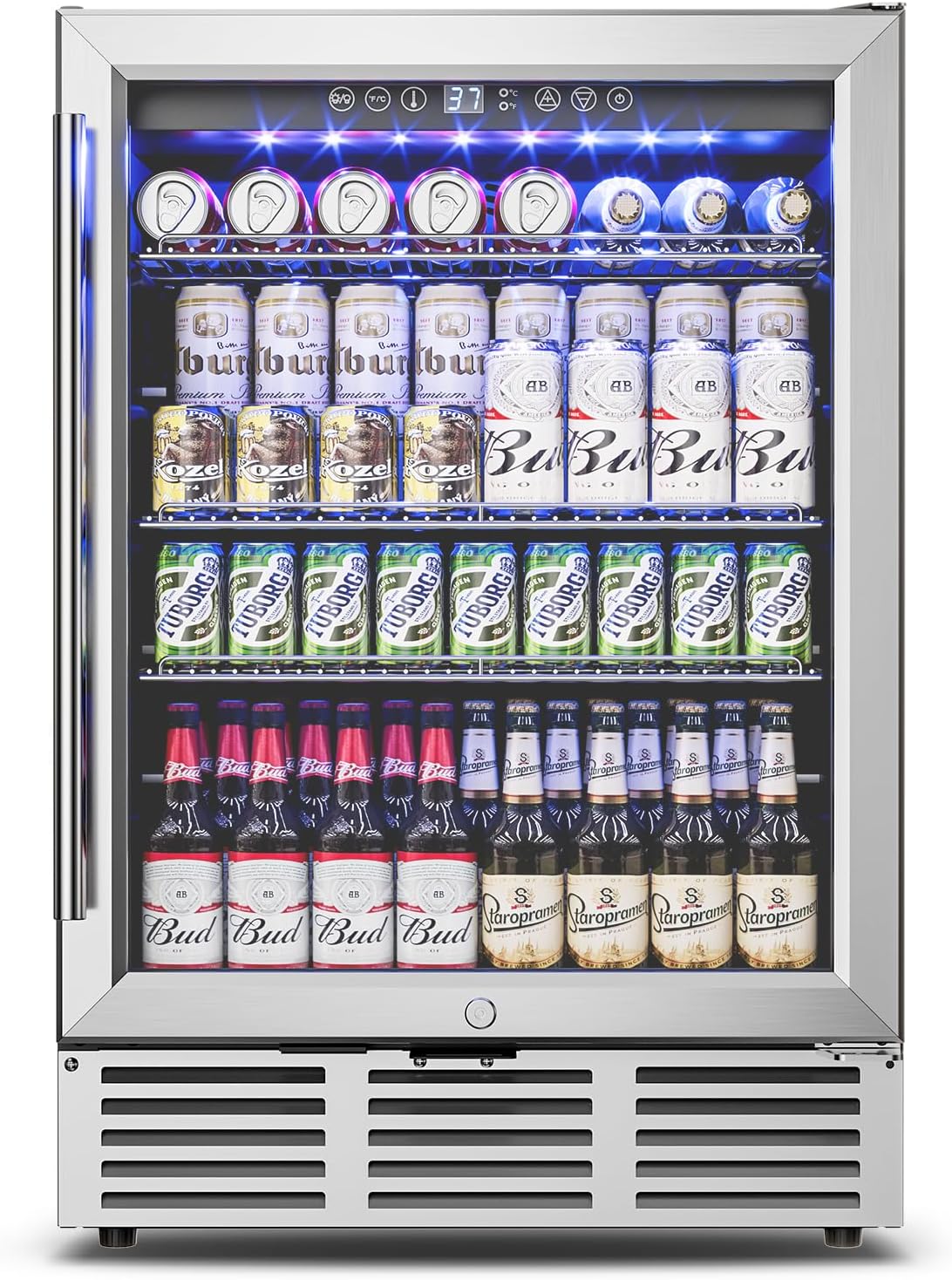 Feelfunn 24 inch Beverage Refrigerator - 180 Cans Under Counter Beverage Fridge with Glass Door & Safety Lock for Beer Wine Soda, Built-in or Freestanding Drink Fridge for Home Office Kitchen or Bar