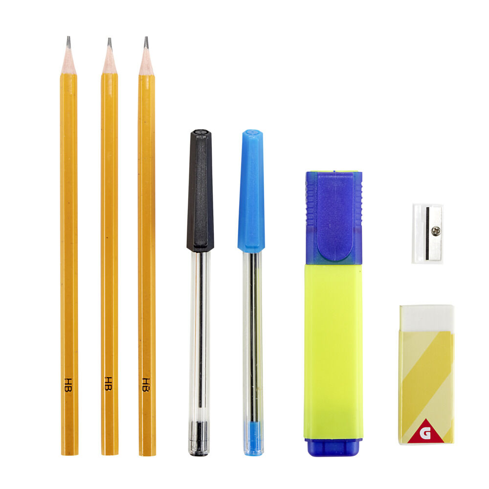 Fournitures de bureau 8 pièces crayon papier/gomme/stylo/surligneur/taille-crayon
