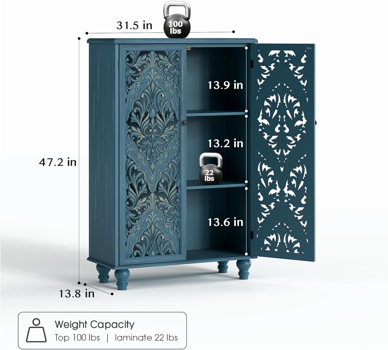 JOINICE 47 Tall Accent Cabinet with Navy Blue Mandala Carved Doors, Solid Wood Legs Storage Cabinet with 100 lbs Capacity, Boho Farmhouse Sideboard Buffet for Entryway, Living Room & Coffee Bar
