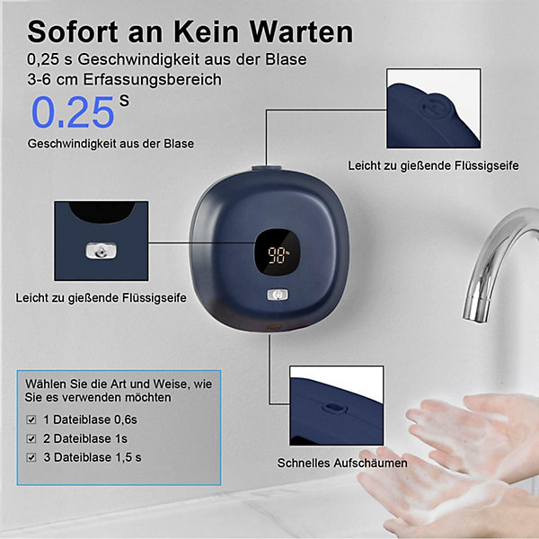 BASHLWUA Distributeur de savon automatique (bleu), 300ml Distributeur de savon thermostatique mural sans contact, Distributeur de