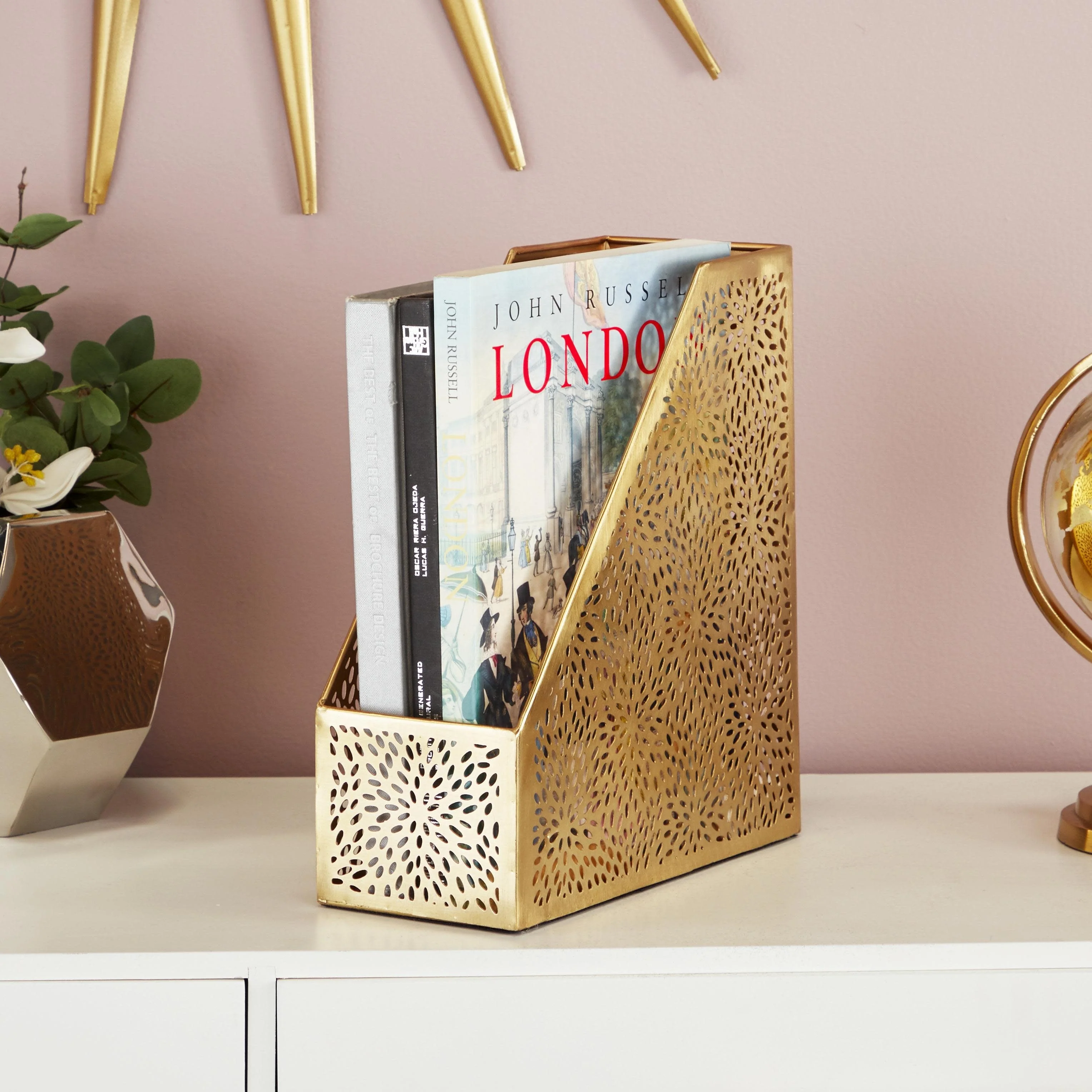 Metal Floral Single Slot Decorative Magazine Holder with Laser Carved Design - Gold - CosmoLiving by Cosmopolitan