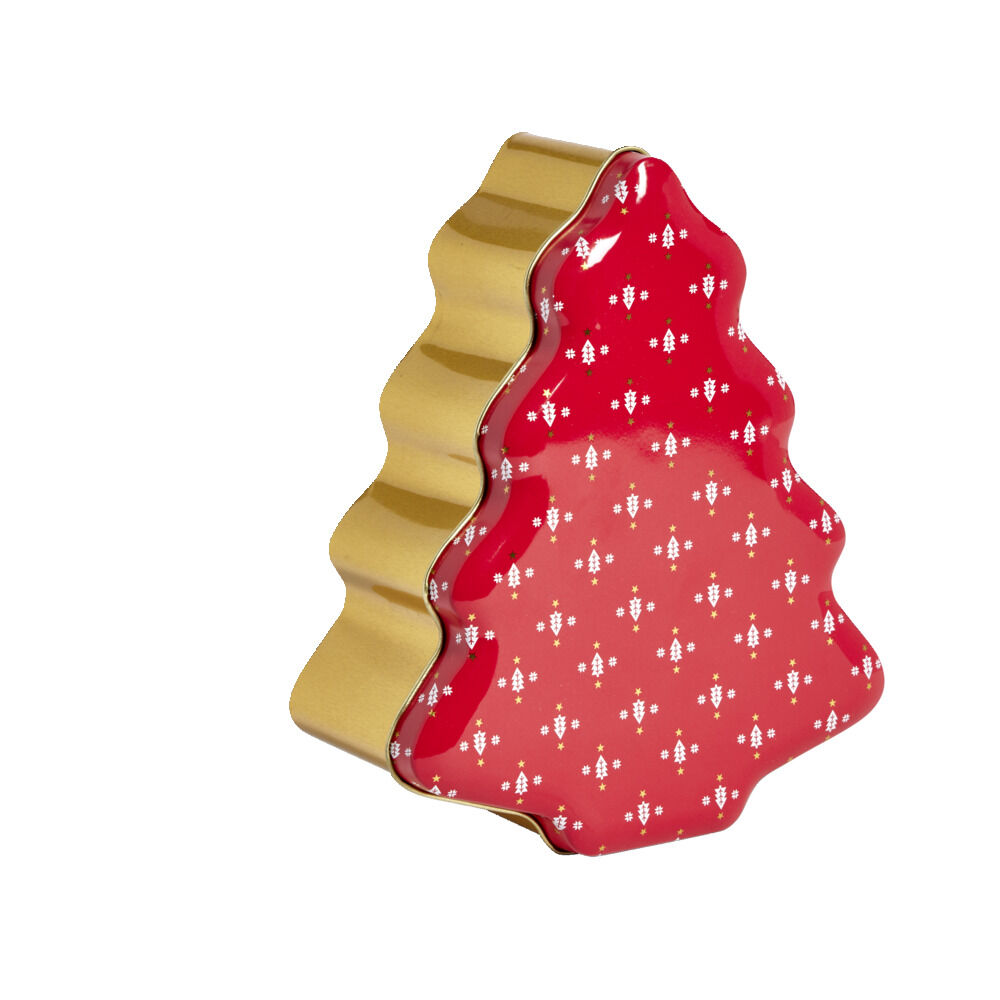 BoÎte alimentaire No&euml;l forme sapin métal rouge et doré 18x14,5xH6,5cm