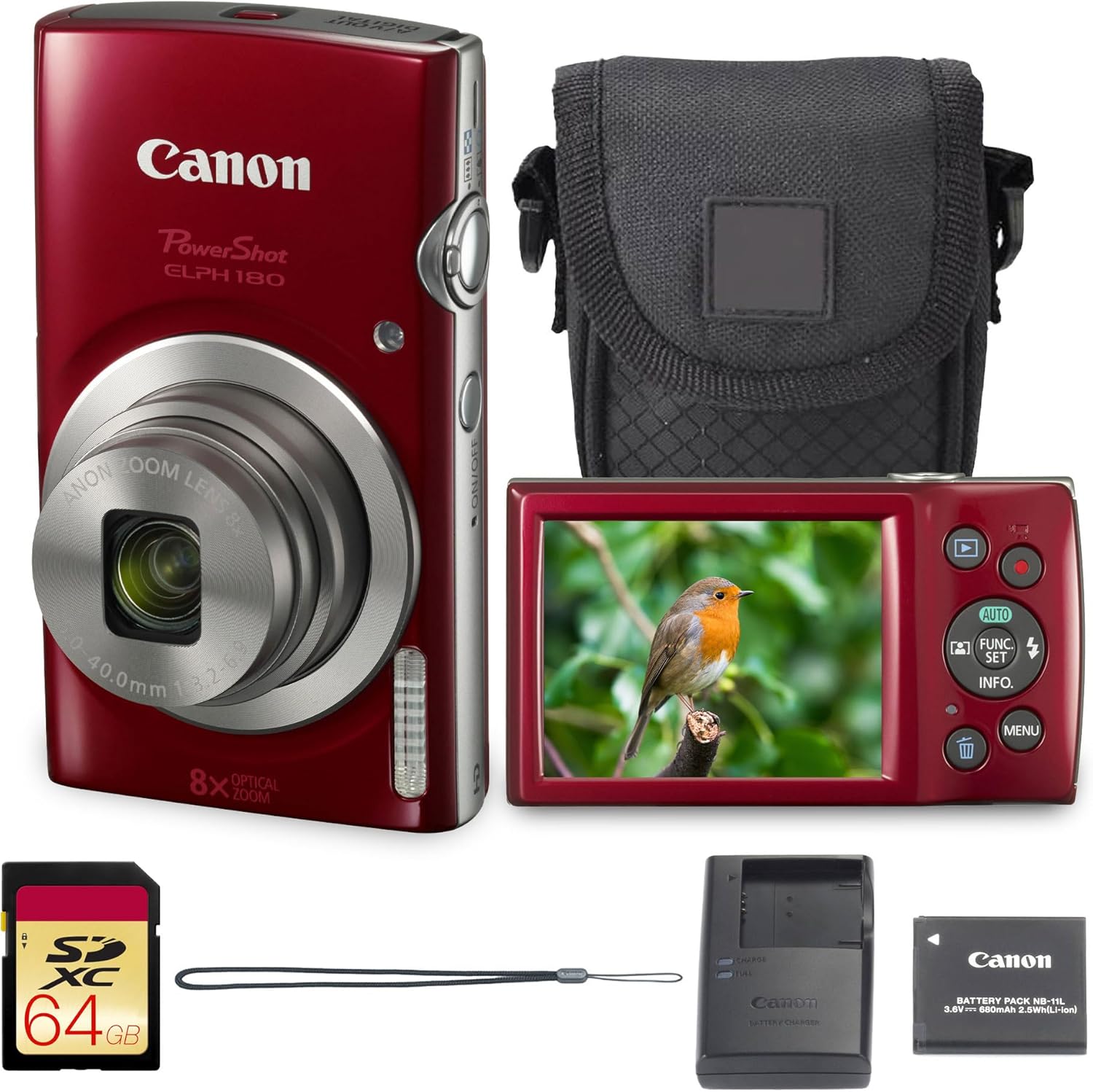 Canon PowerShot ELPH 180 Digital Camera Bundle (Red) Compact Point and Shoot with Optical Zoom | Easy Controls Lightweight Design for Travel Family and Everyday Photography with Case and 64GB Card