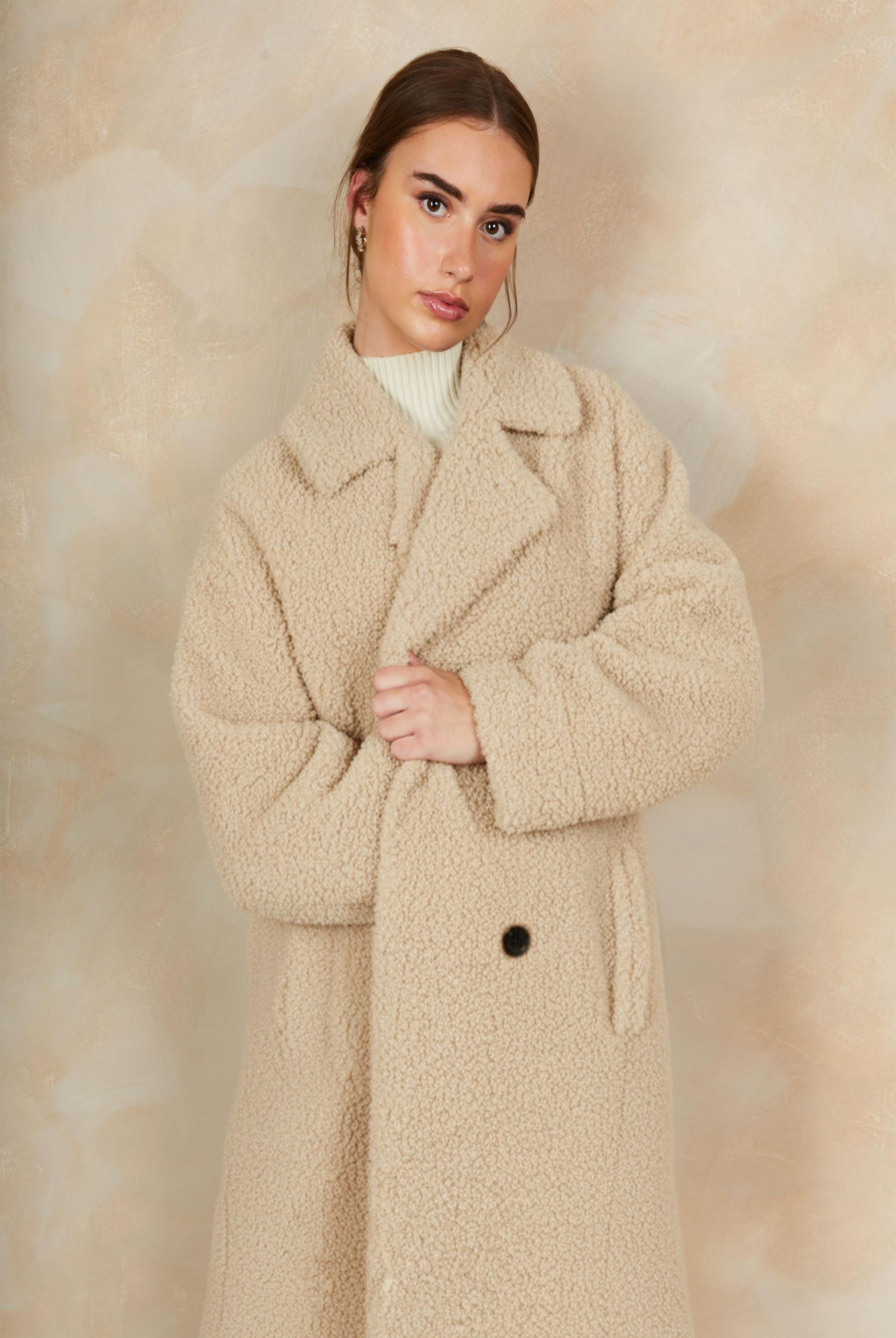 Chi Chi London Teddy Midi Length Coat in Cream
