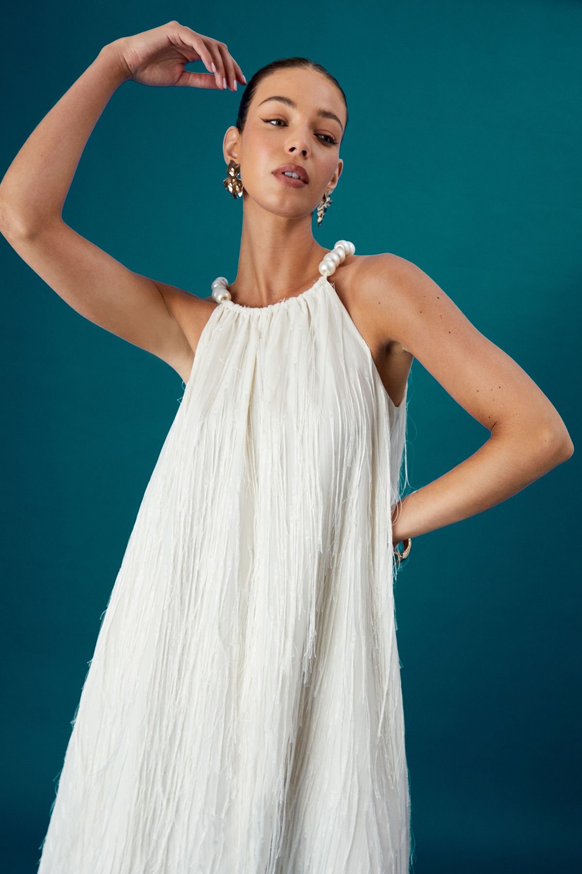 Coast Coast Muse Feather Pearl Trim Volume Maxi Dress