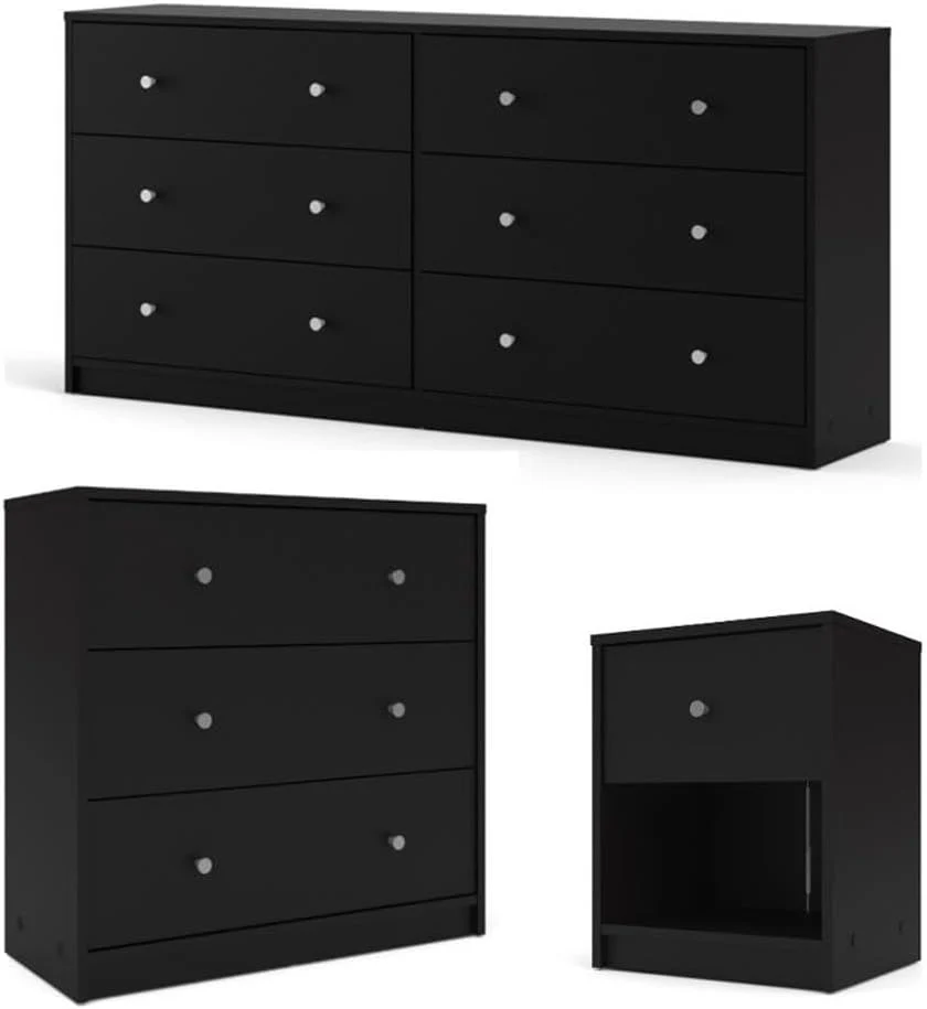 3-Pc Scandinavian Design Engineered Wood Bedroom Furniture Set with 3-Drawer Chest  6-Drawer Double Dresser  1-Drawer Nightstand, Pewter Plastic Handles, Smooth Plastic Glides, in Black(3)