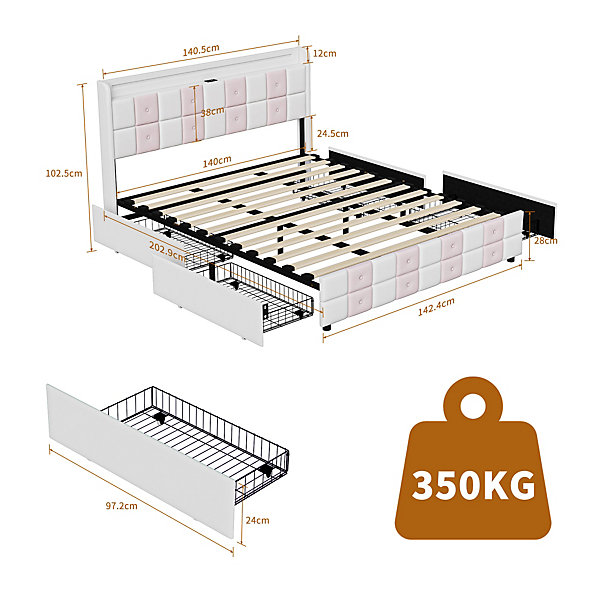 Lit double 140x190 cm, rangement, tête LED multicolore, USB, 4 tiroirs, Velours, Blanc Rose