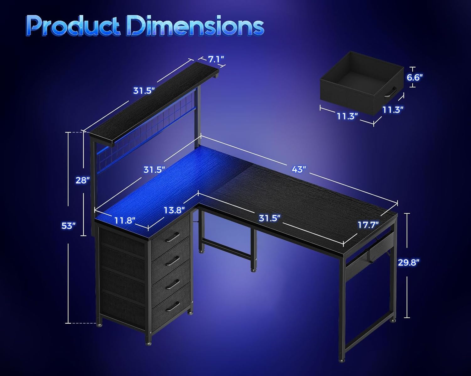 MOTPK 43” L Shaped Gaming Desk for Small Rooms, Compact Corner Computer Table with Shelf & Hutch, 4 Drawers, Reversible Study Desk with LED Light, Home Office Table, Black