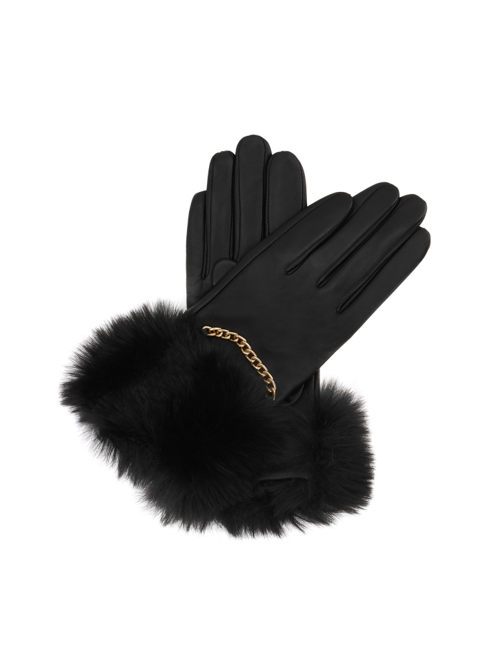 Leather gloves with fur and chain