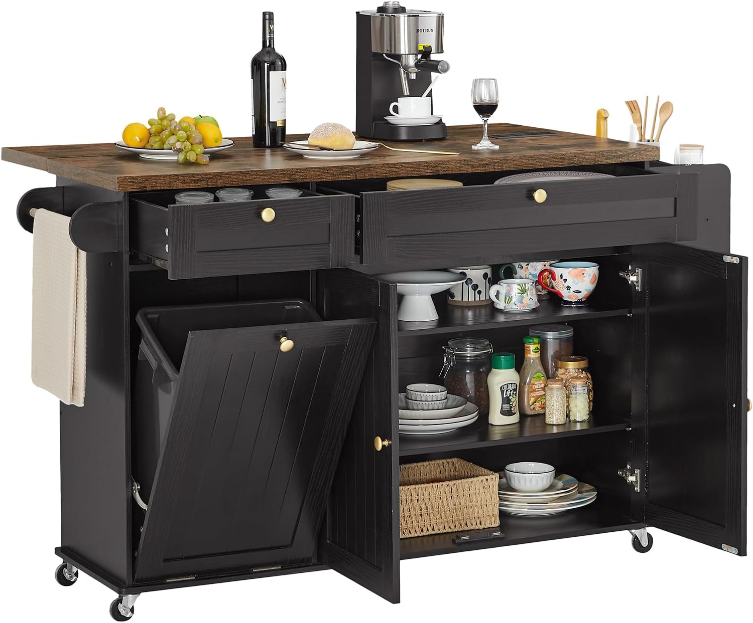 60 Kitchen Island with Power Outlet & Drop Leaf, Kitchen Rolling Island with Spice Rack & Towel Rack, Knife Holder, Kitchen Island Cart with Trash Storage Cabinet, Mobile Island Table for Kitchen