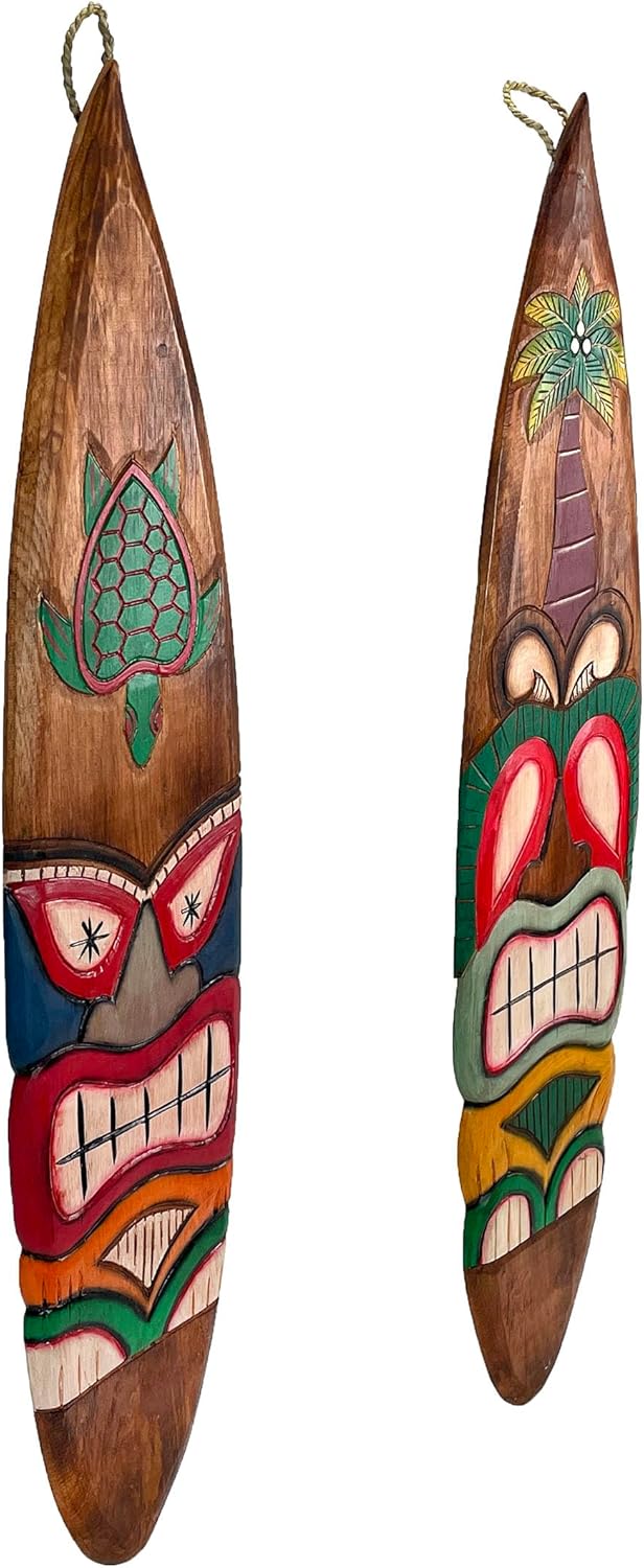 Set of 2 Wooden Tiki Surfboard Wall Decor, 39 Hand-Carved Surfboards with Sea Turtle and Palm Tree Designs, Hand-Painted Tropical Wall Art, Coastal Beach House Accent, Rustic Bar or Patio Hanging