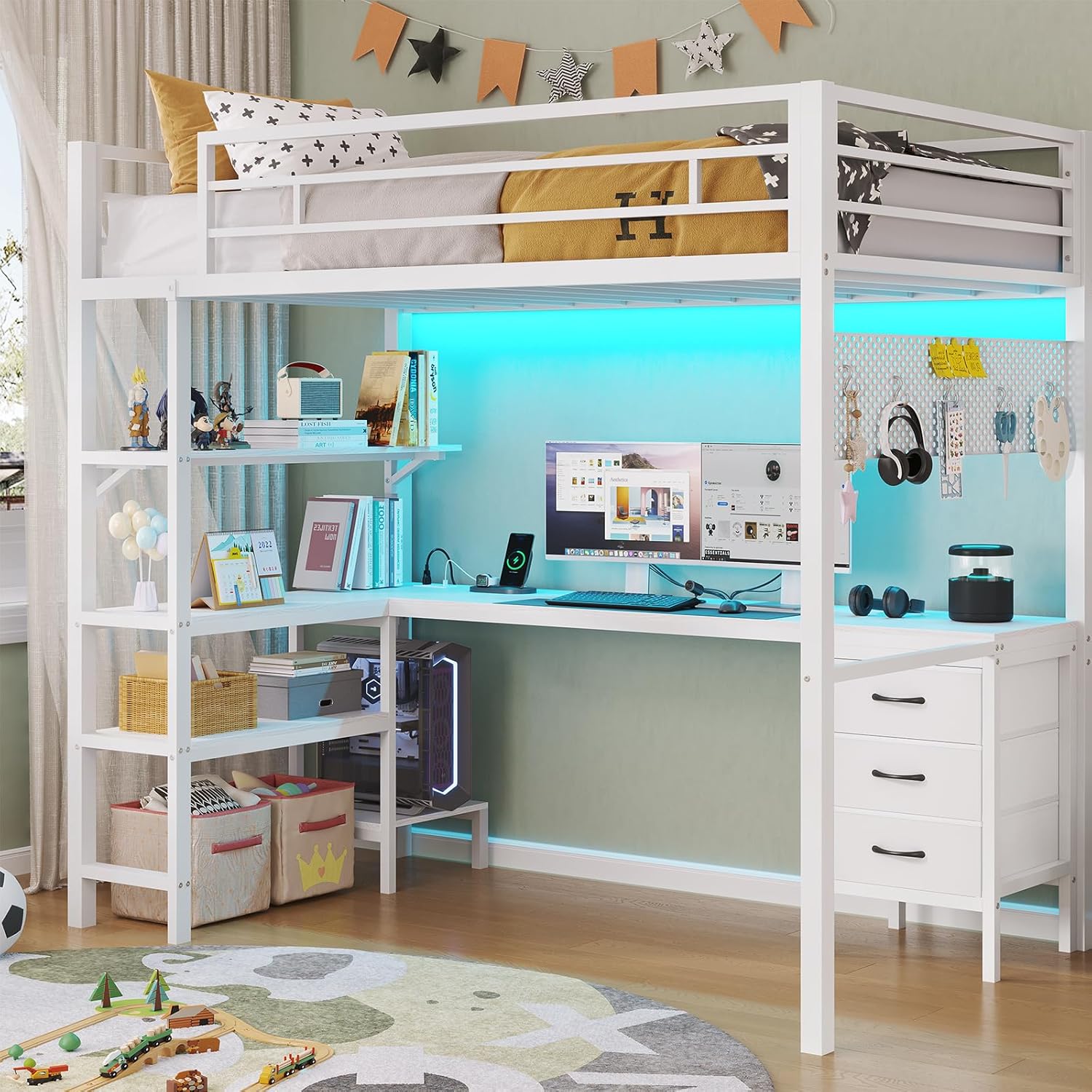 ADORNEVE Loft Bed Twin Size with L-Shaped Desk, LED Lights,Charging Station,Twin Metal Loft Bed with Desk, Fabric Drawers & Shelves, 13.4 H Safety Guard, No Box Spring Needed,White