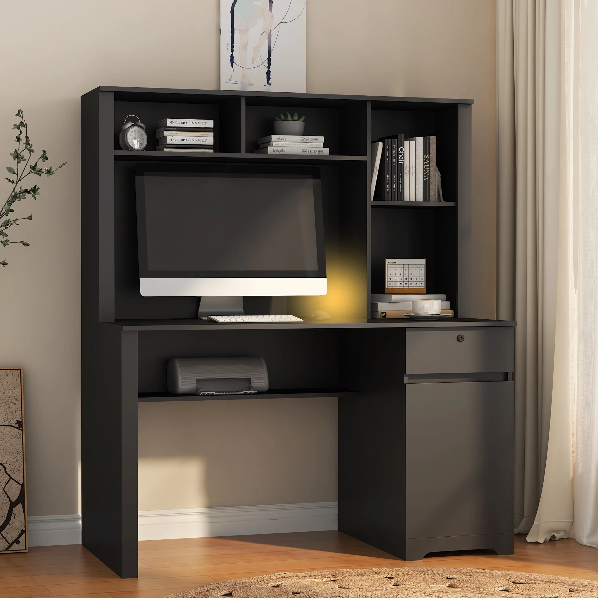 Computer Desk with Hutch & Bookshelf,Student Desk Writing Laptop with Drawers,3AC Outlets and 2USB Charging Ports