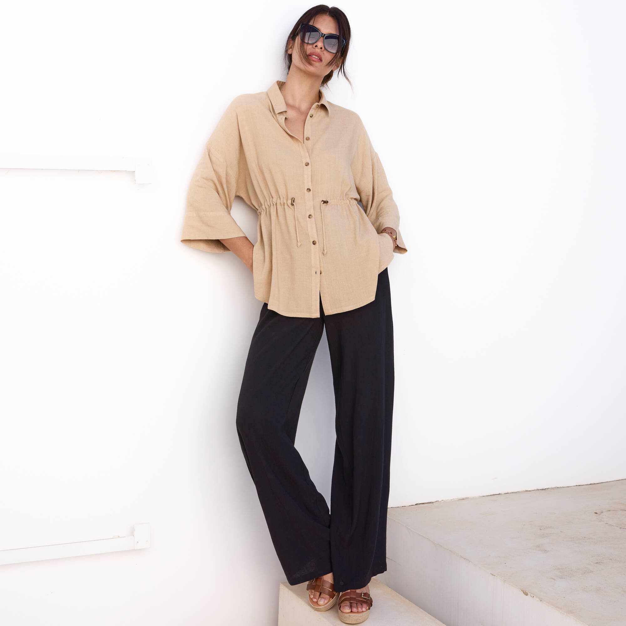 Pantalon large viscose/lin