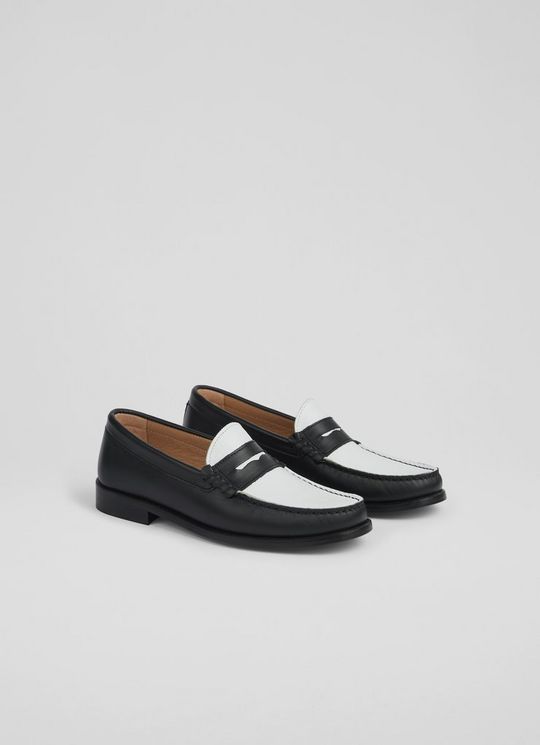Solo Black and White Leather Moccasin Loafers