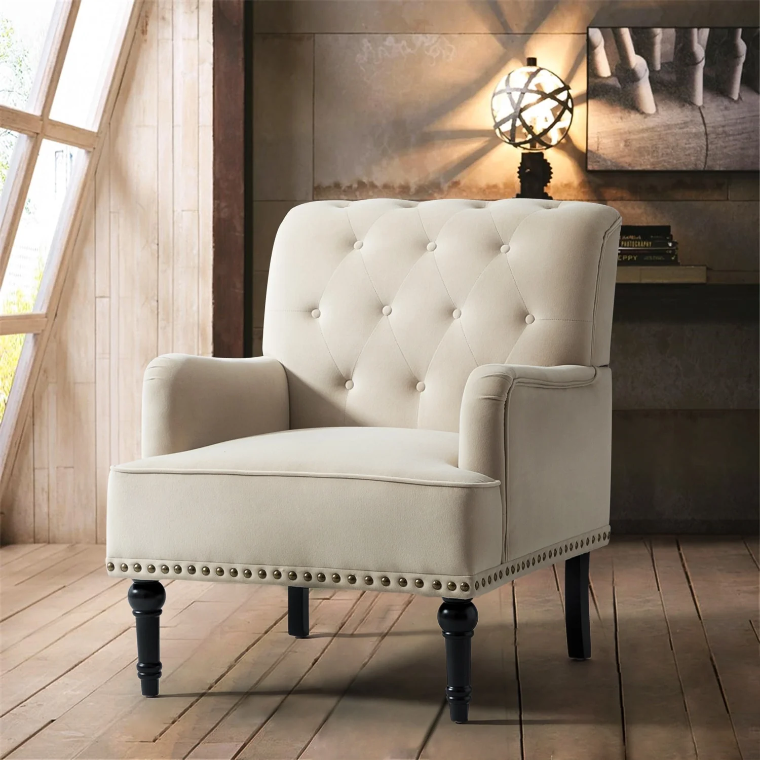Geltrude Transitional Upholstered Button Tufted Club Chair with turned wooden Legs by HULALA HOME