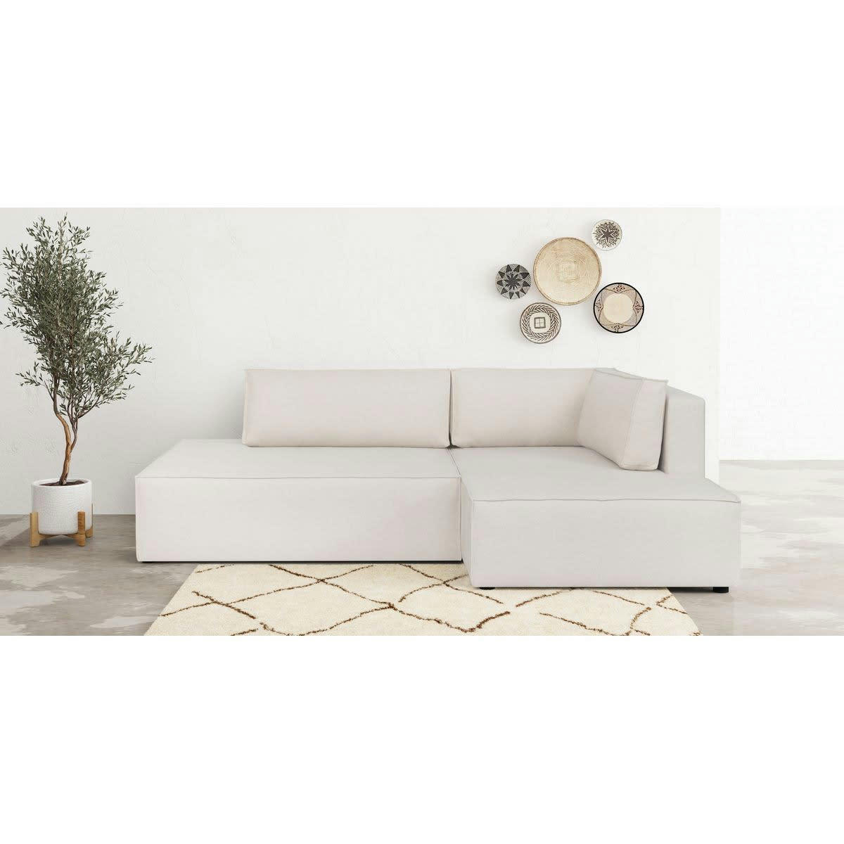 BARANI - Canapé d'angle à droite convertible 3 places en tissu beige