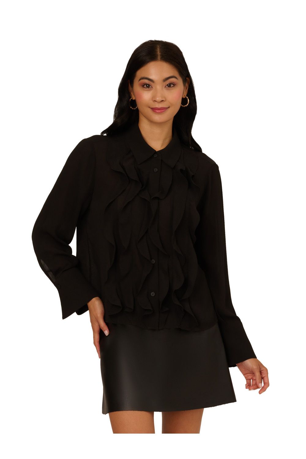 Adrianna Papell Polo Collar Ruffle Front Yoryu Long Sleeve Woven Blouse