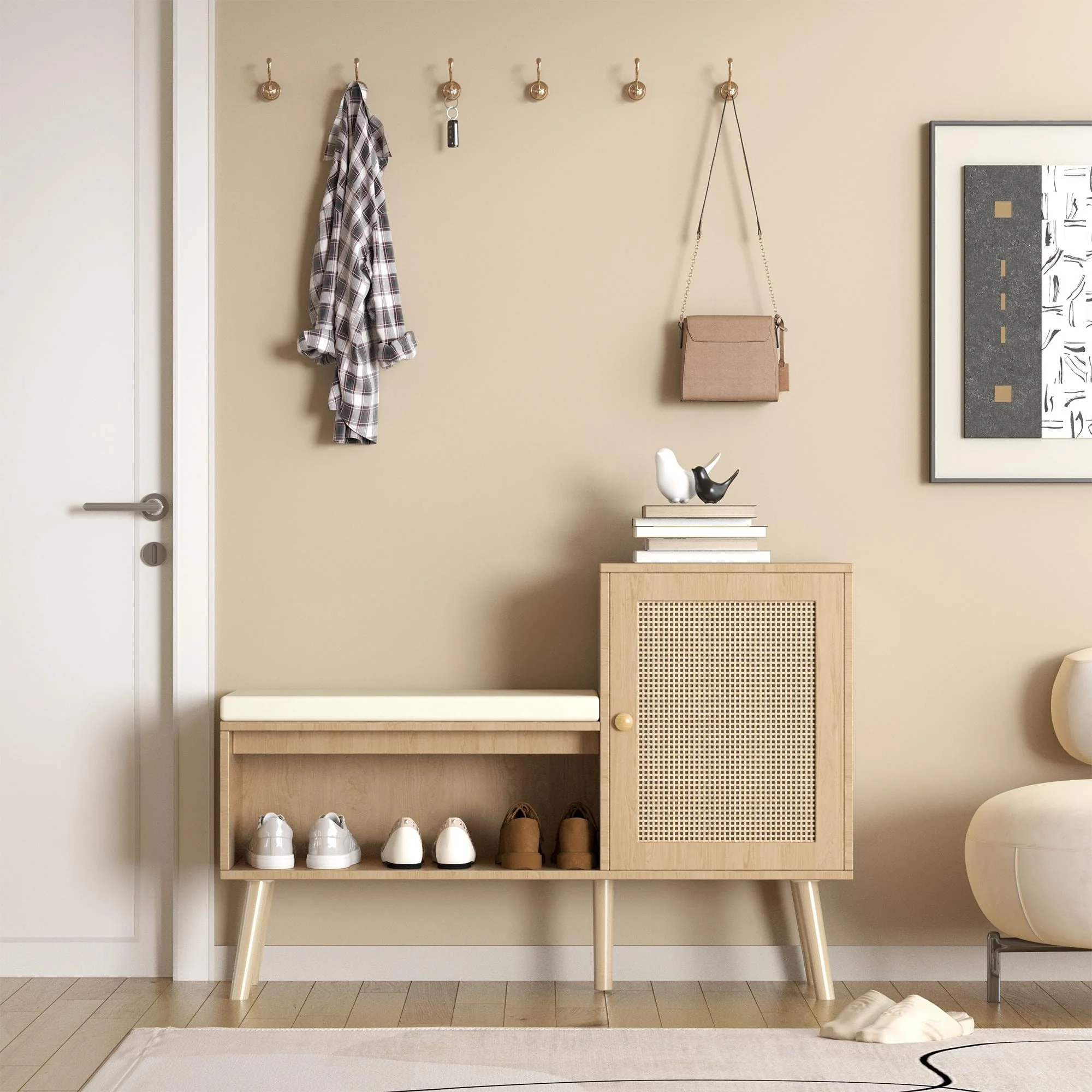 39 Shoe Storage Cabinet with Padded Cushion, Boho Shoe Bench, Wood Shoe Rack with Shoe Storage Organizer, Shoe Cabinet