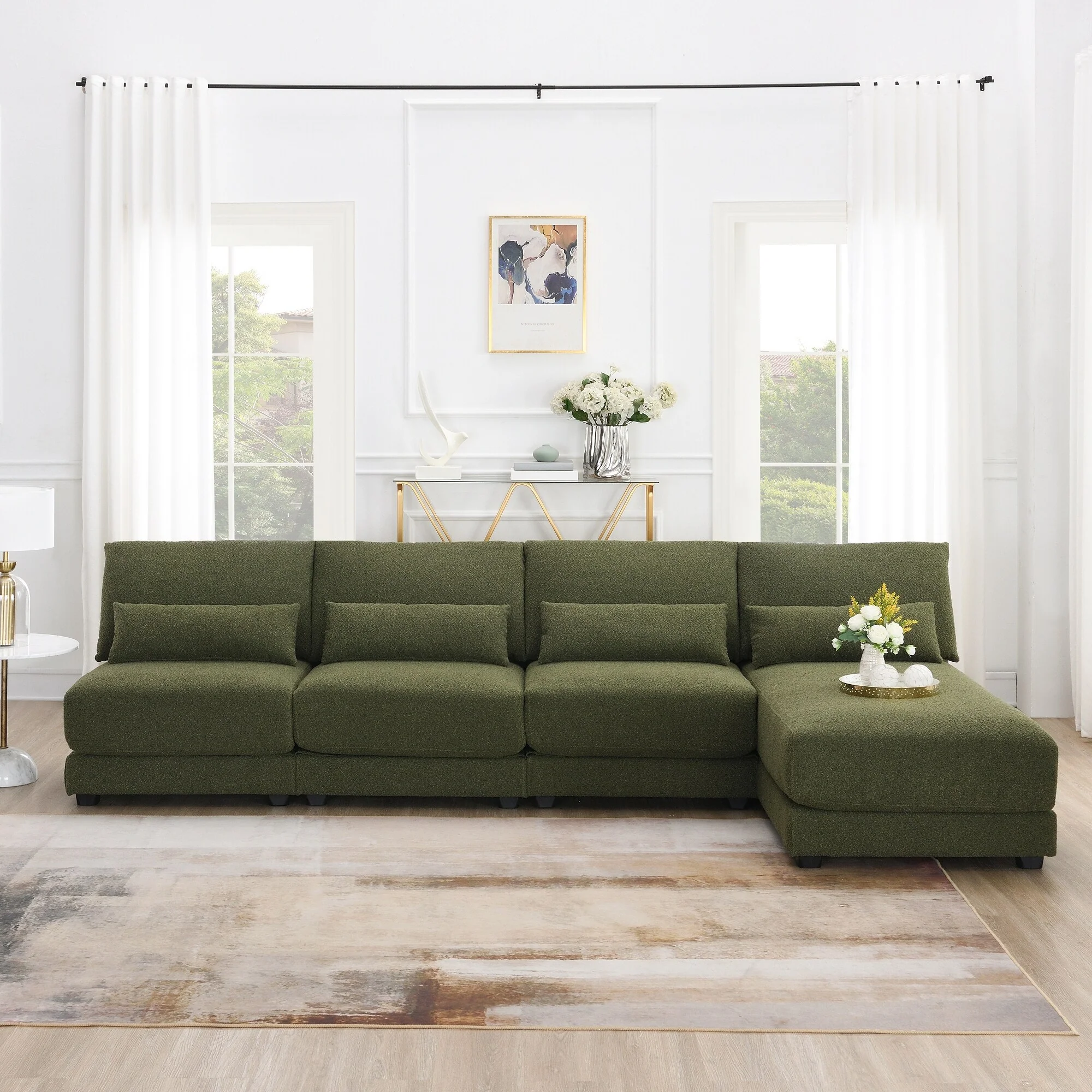 120 L-Shaped 4-Seat Sectional Sofa with Reversible Chaise and 4 Waist Pillows, Armless Design for Compact Living